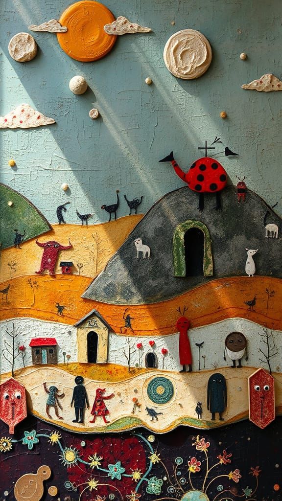 Whimsical Encaustic Painting with Textured Figures