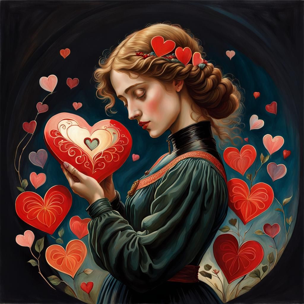 Woman Lovingly Holds Heart in Pre-Raphaelite Style