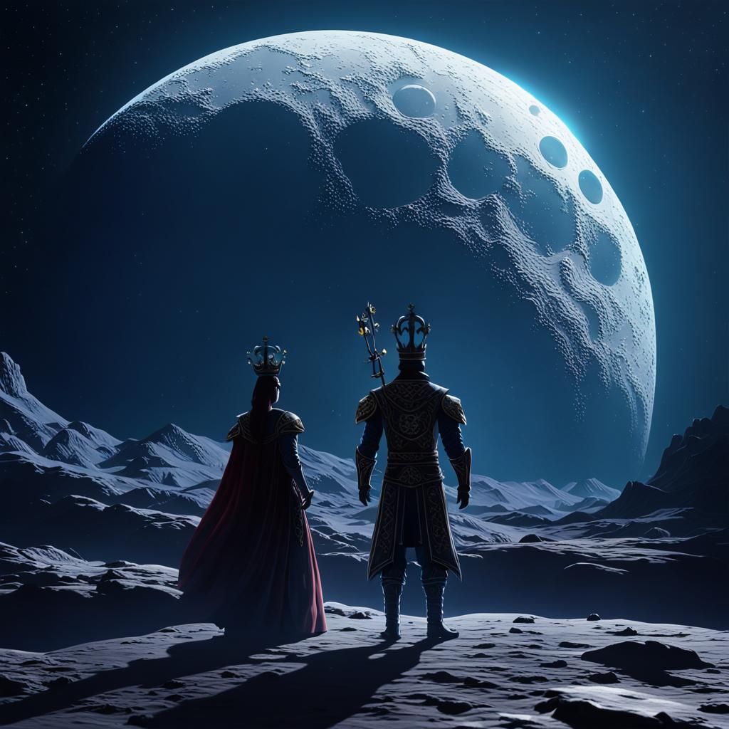 King and Queen Silhouette Under a Giant Moon
