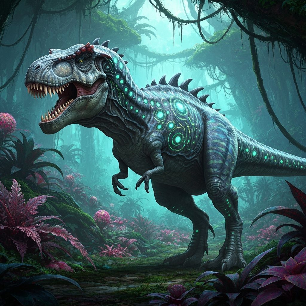 Bioluminescent T-Rex in Alien Jungle, Painterly Style
