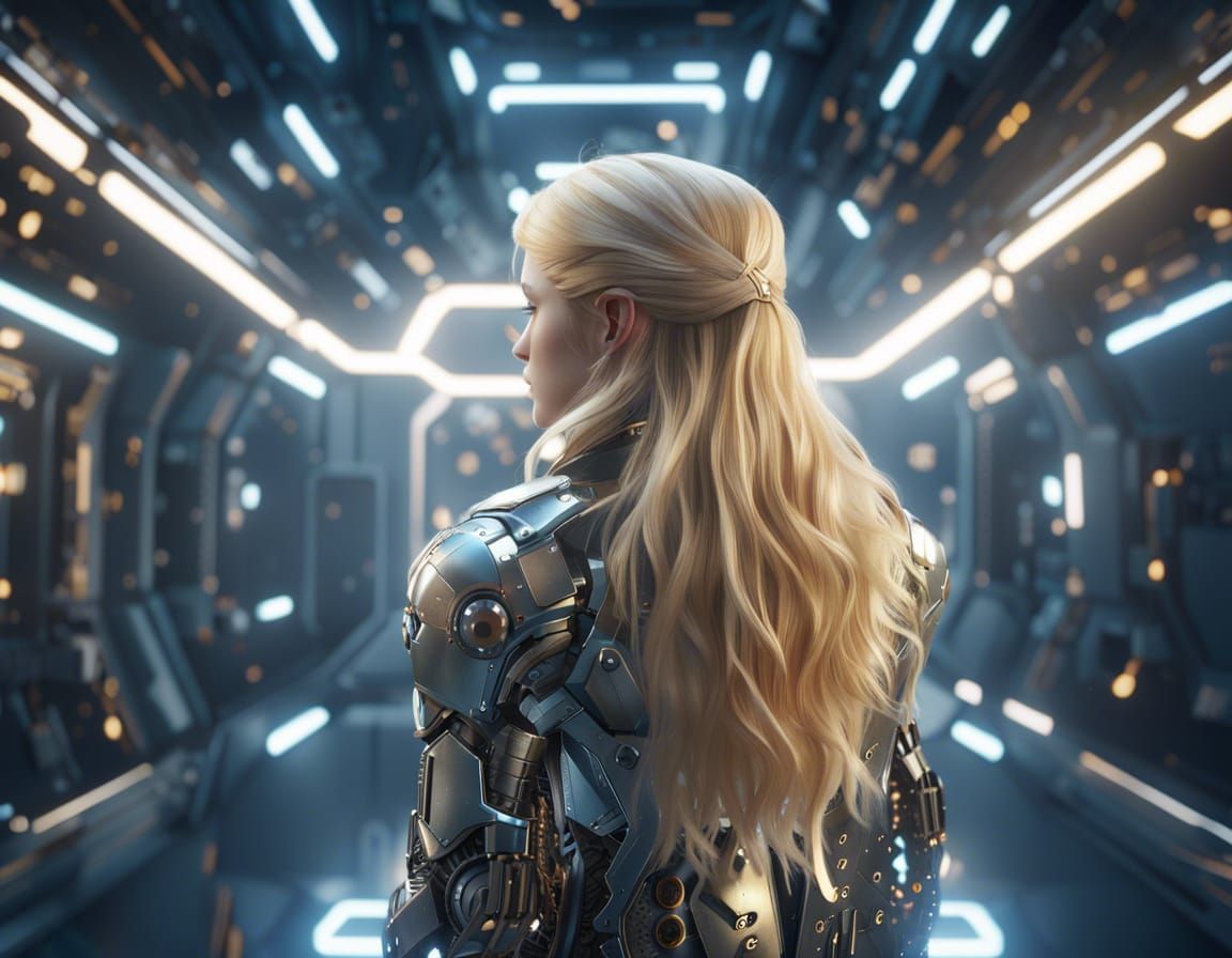 Cyborg Teen Gazing at Galaxies in Sci-Fi Style