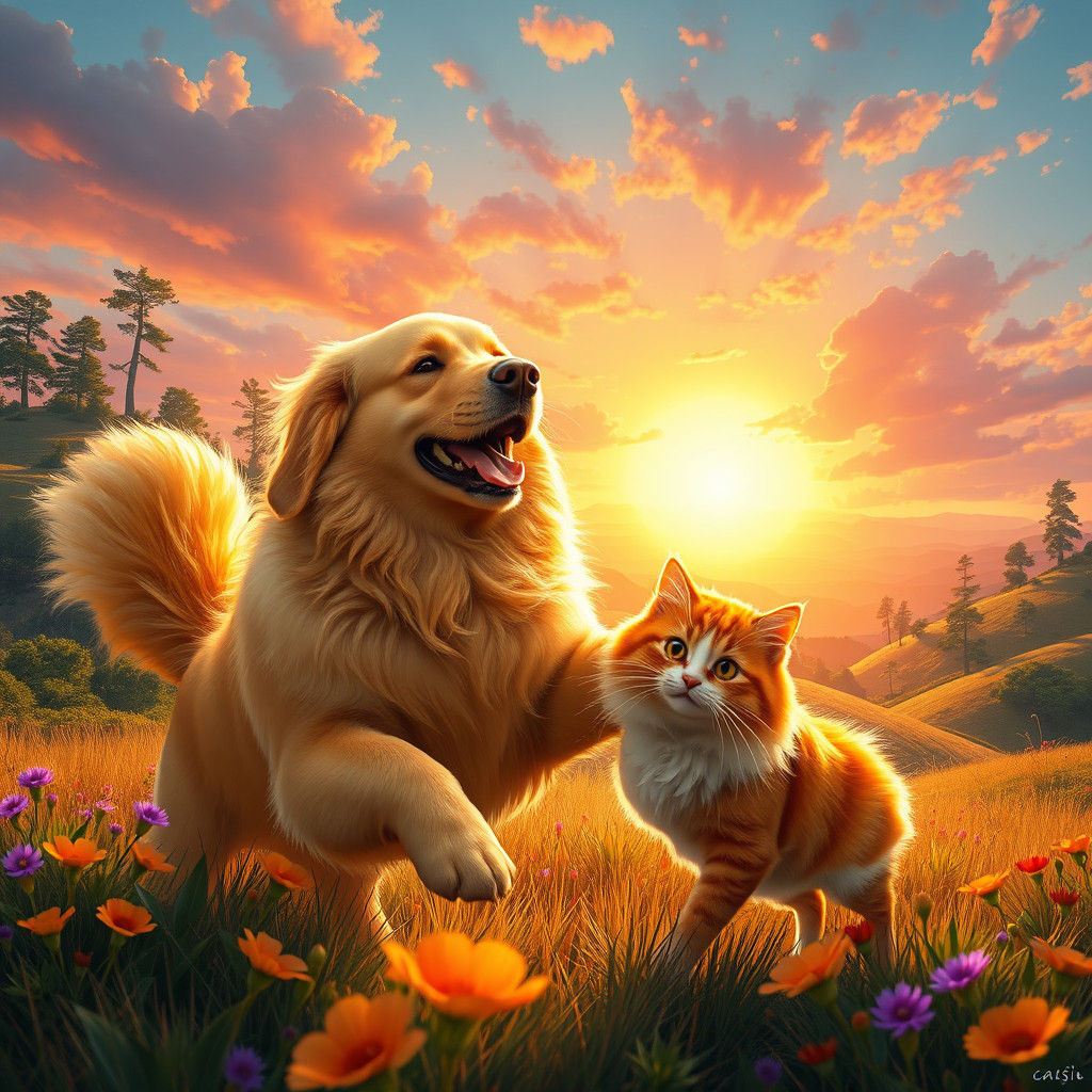 Golden Retriever and Cat at Sunrise in Fantasy Landscape