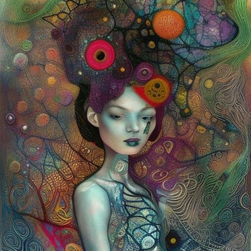 Intricate Asian Woman Portrait in Textile Art Style