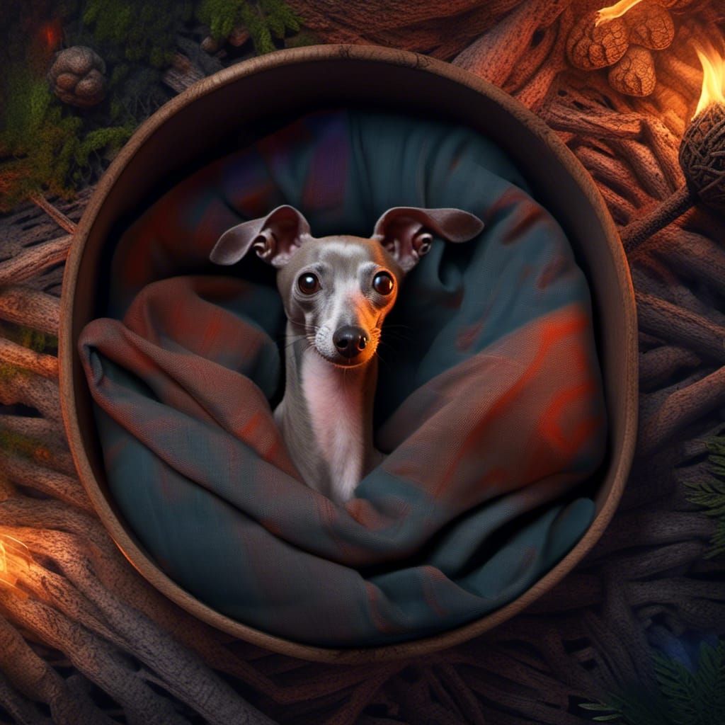 Italian Greyhound Snuggles Fireside: Fantasy Concept Art