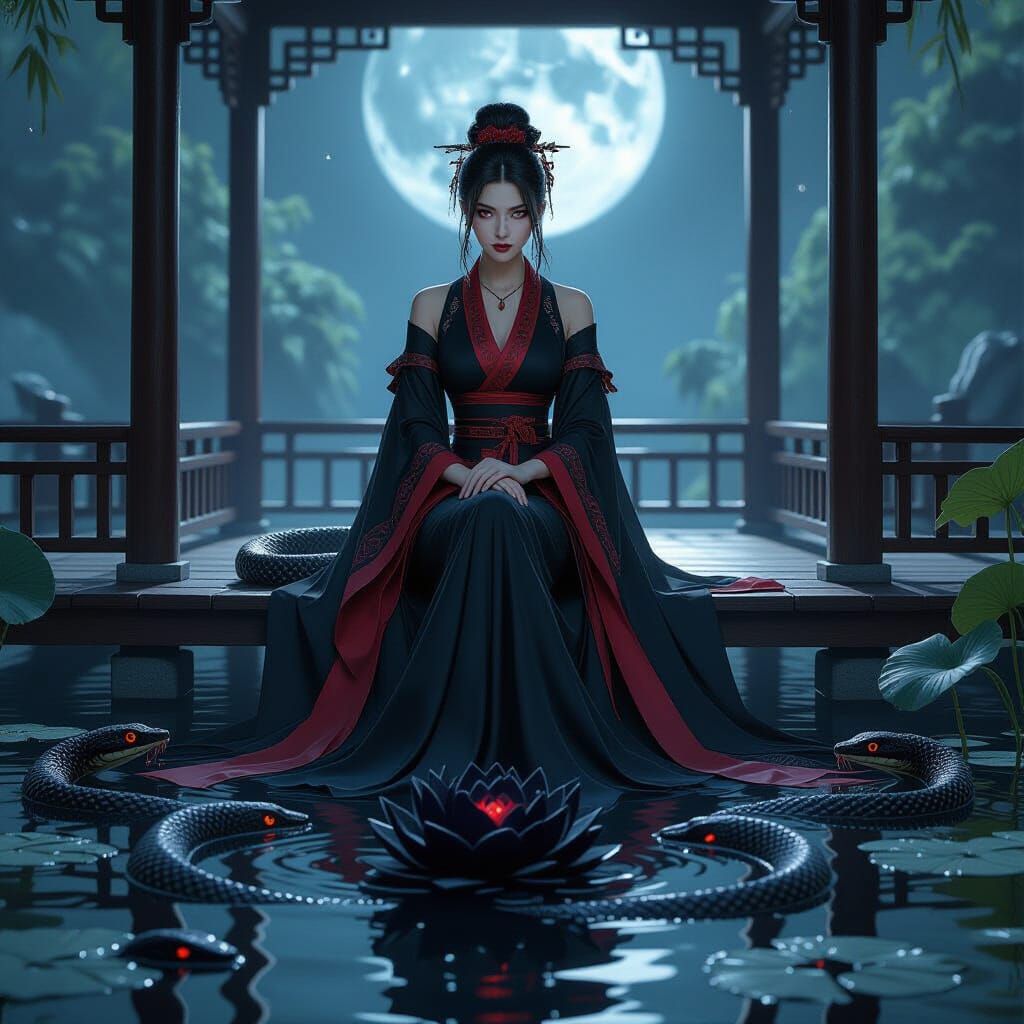 Mysterious Girl with Snake Demon by Dark Lotus Pond