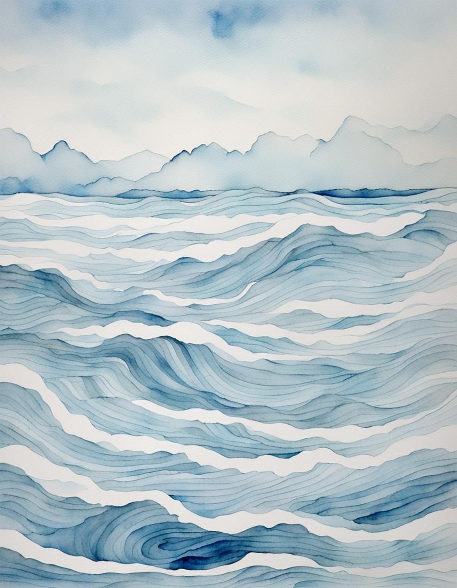 Pale Blue Watercolor Waves on Paper