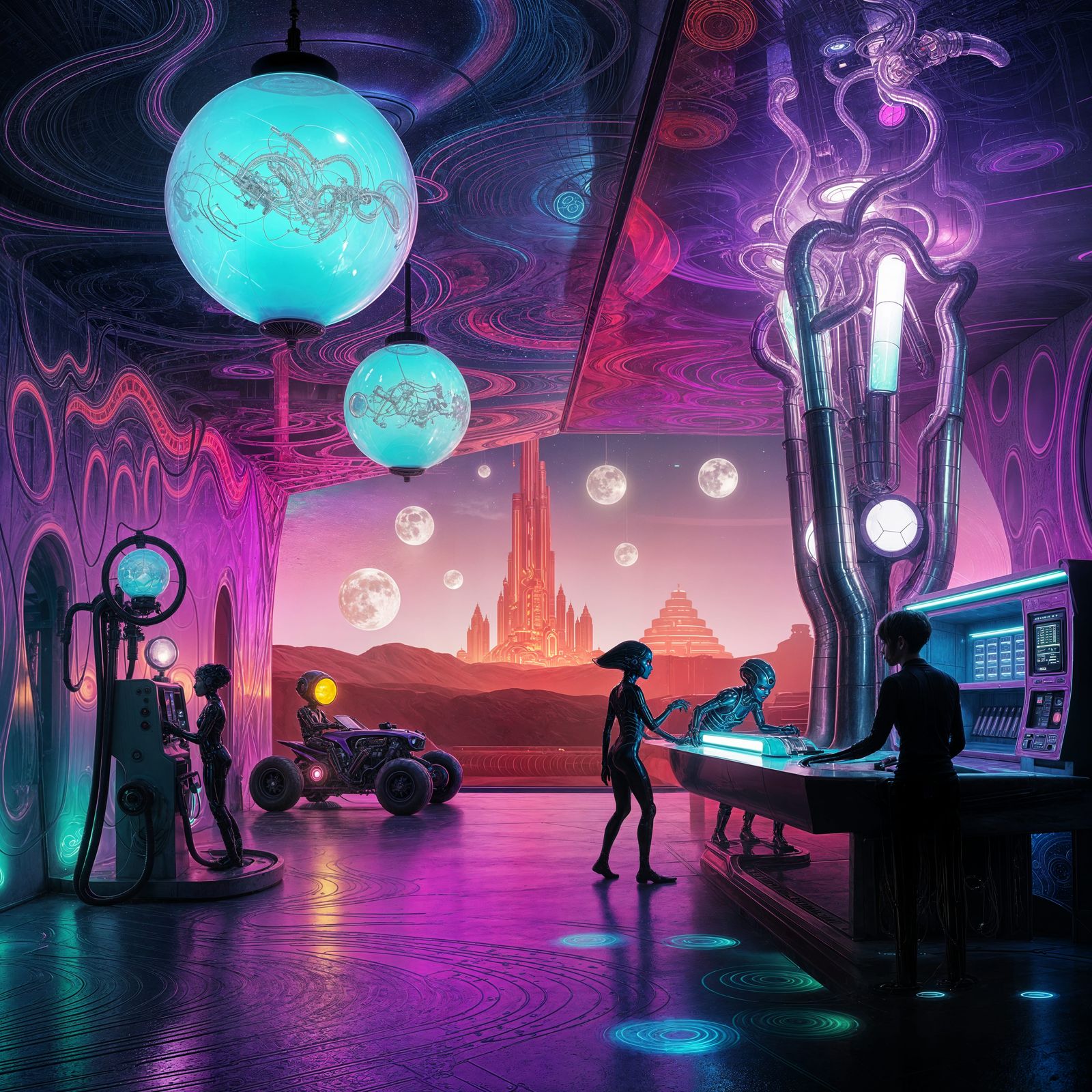 Surreal Alien Gas Station Interior: Cinematic Still