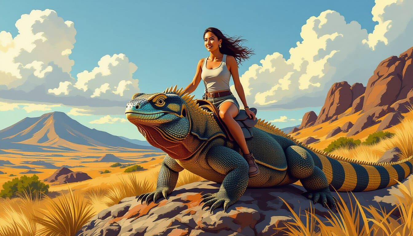 Woman Rides Komodo Dragon in Sunlight, Painterly Style