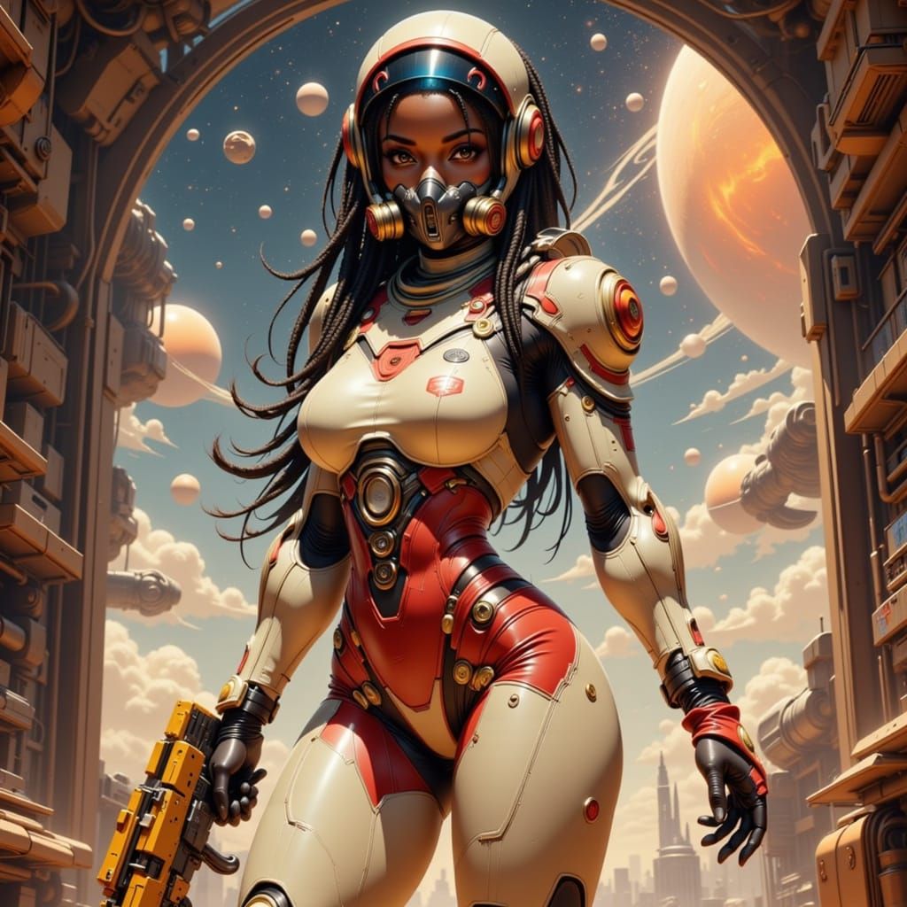 Retro-Futuristic Black Woman in Spaceship Command Center