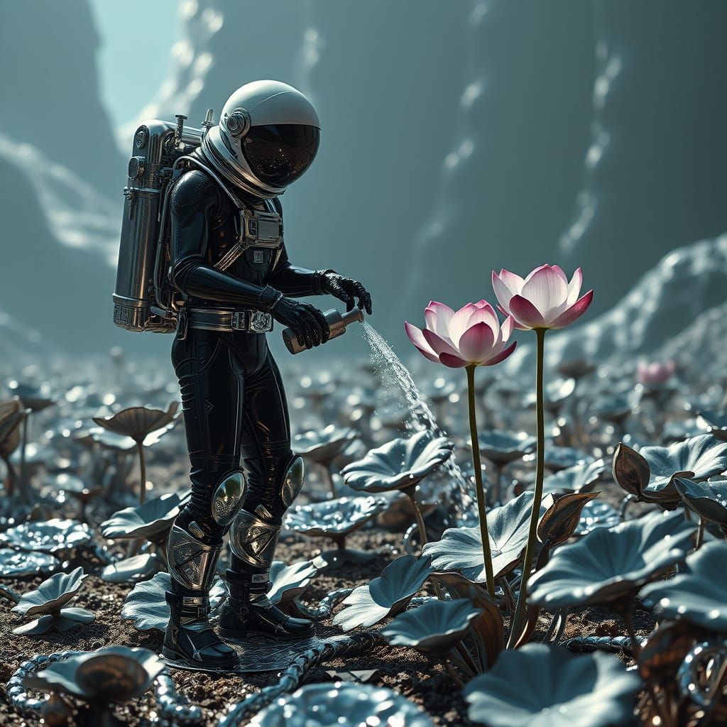 Astronaut Waters Lotus on Alien Metal World