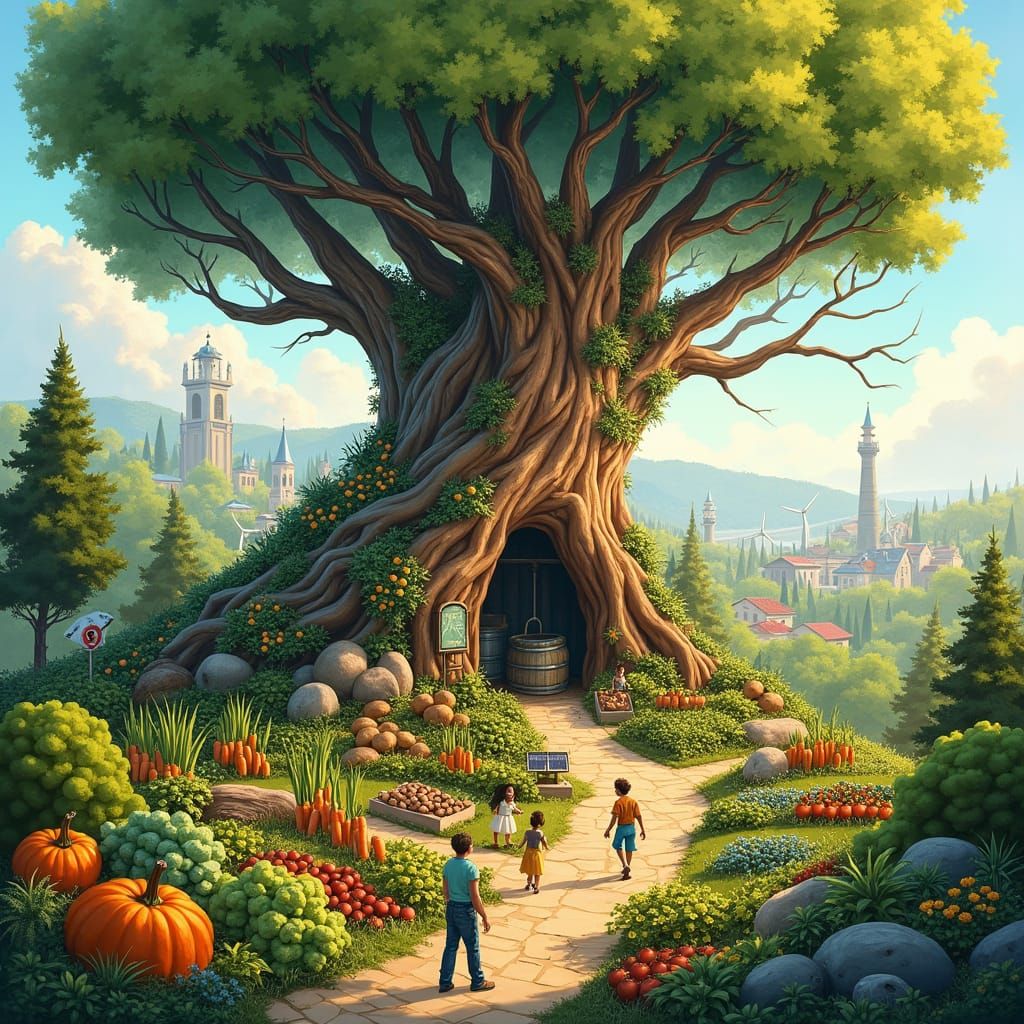 Sustainable Solarpunk Community in Ancient Tree