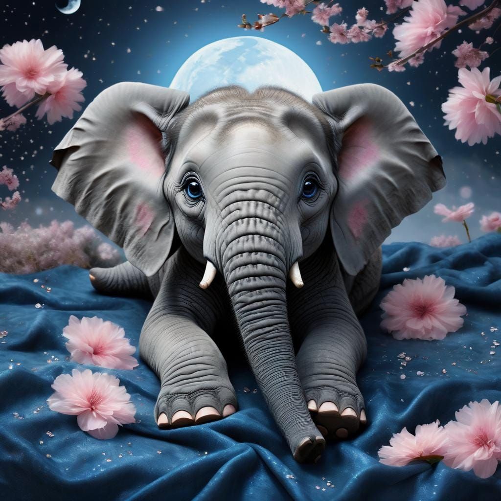 Cute Elephant Framed by Moonlight and Sakura