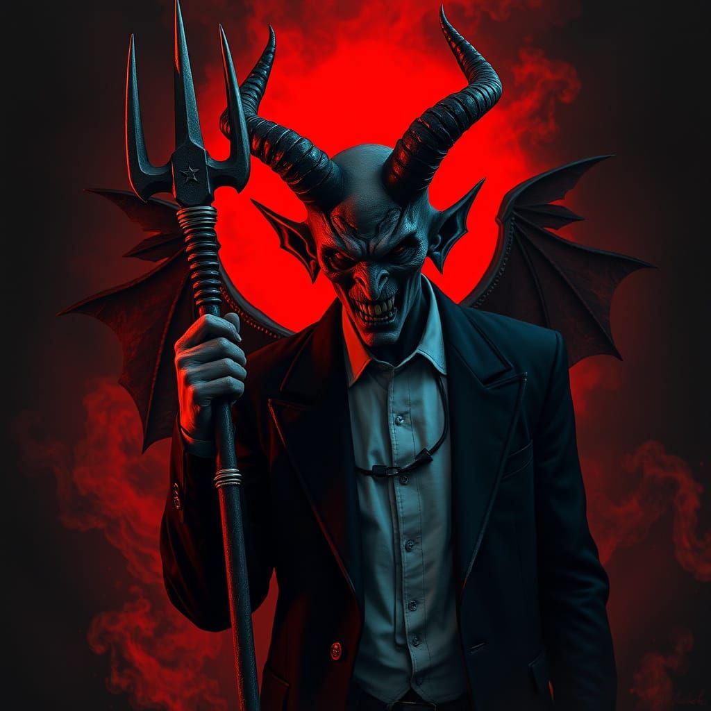 Devil in Black Suit Against Fiery Red Backdrop