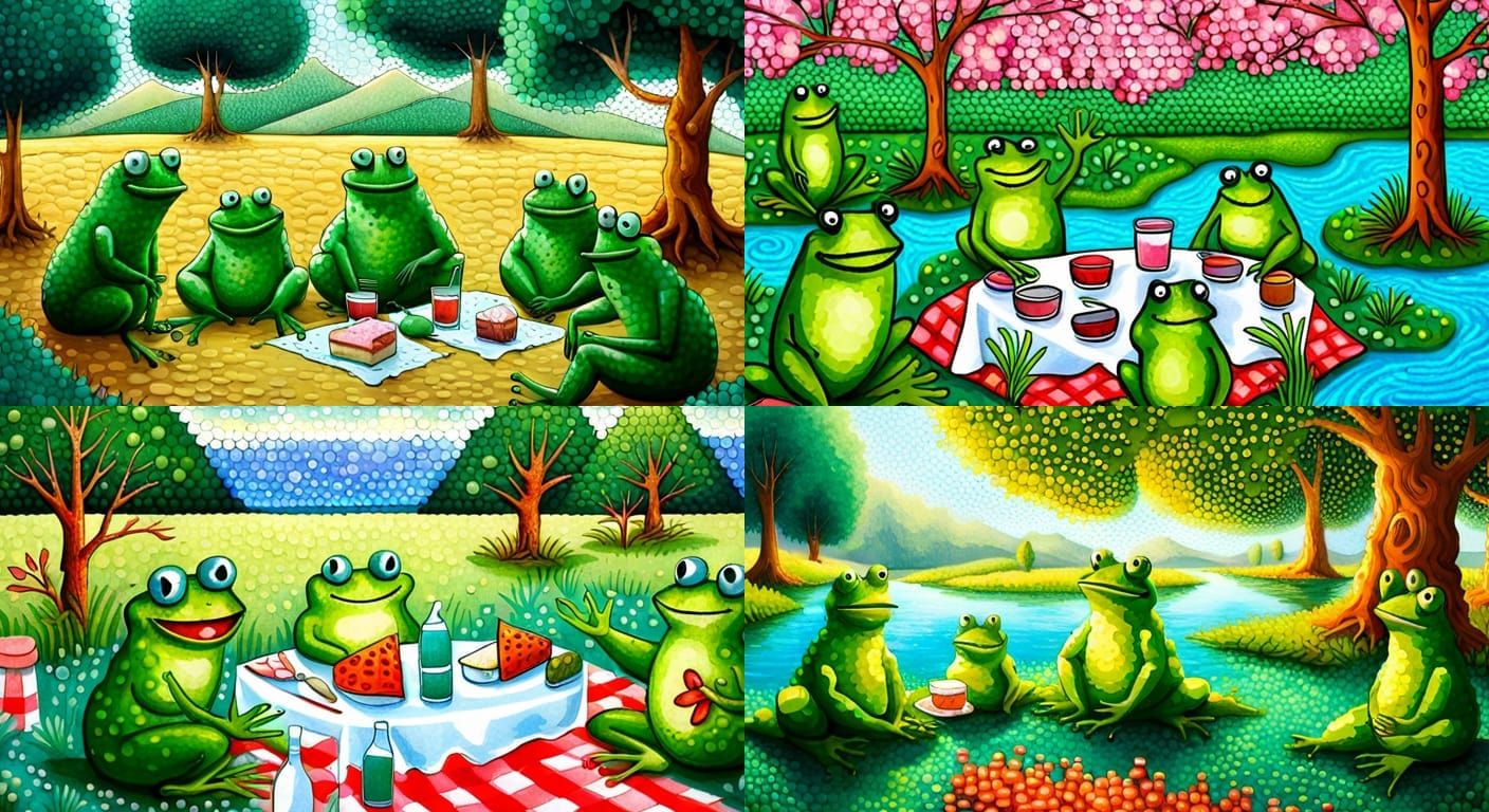 Kawaii Froggy Picnic in Pointillism Style