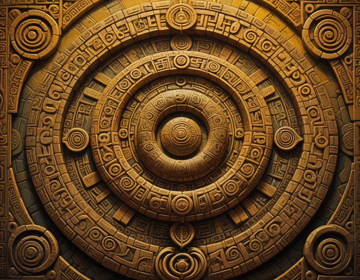 Golden Serpent Encircles Ancient Mayan Calendar in a Dimly L...