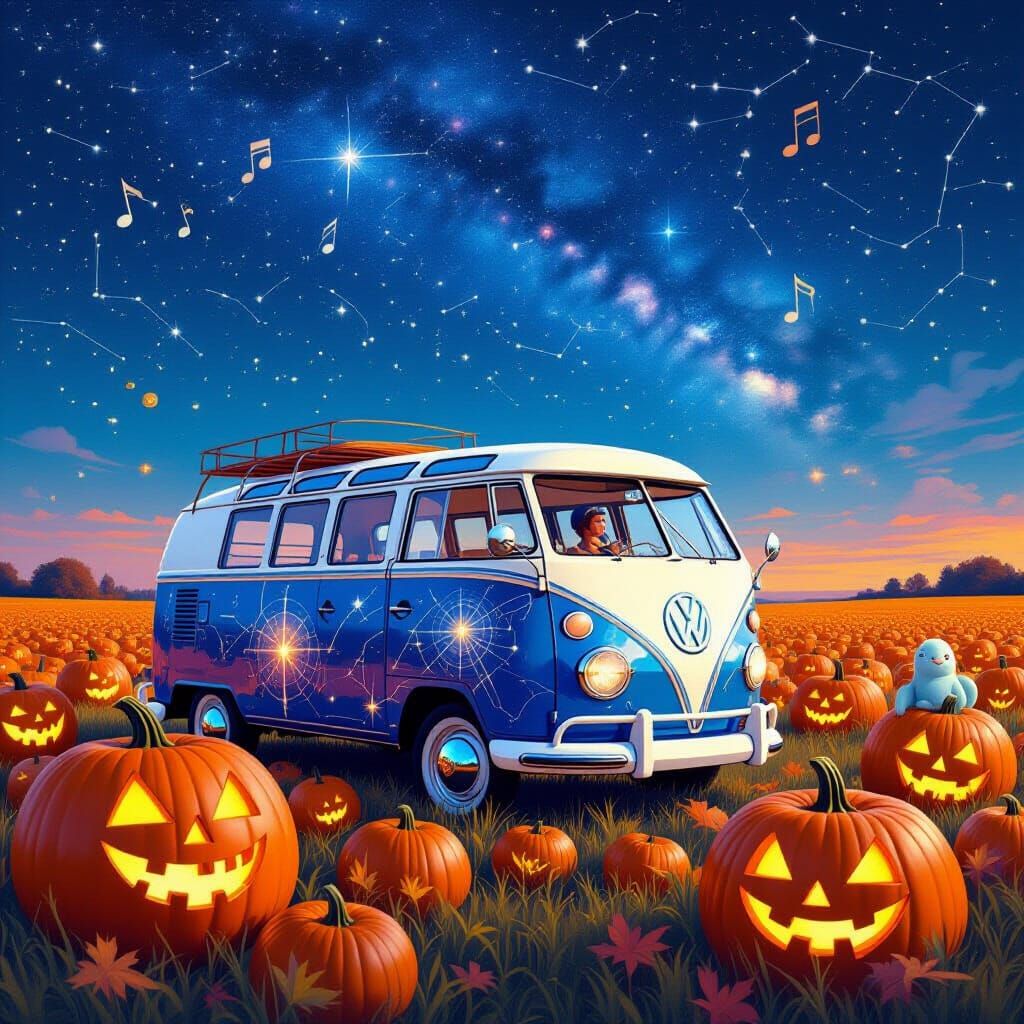 Retro-Futuristic VW Bus with Celestial Maps Drives Through P...