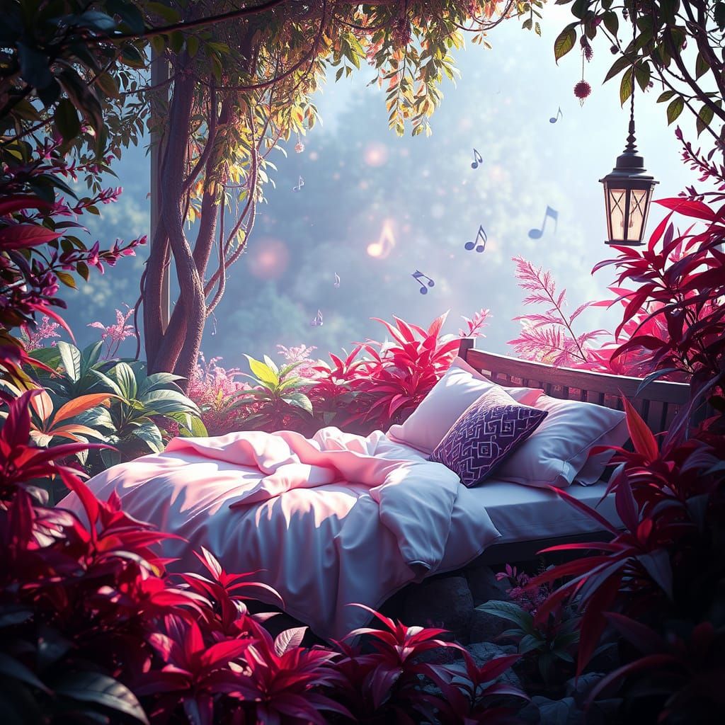 Comfortable Bed in Lush Vegetation: Fantasy Concept Art