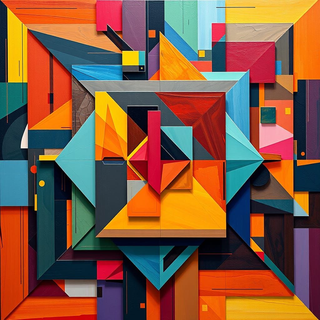 Vibrant Neo-Cubist Geometric Composition in Oil Painting Sty...