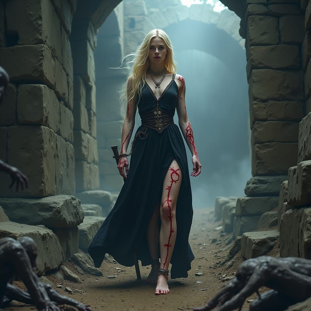 Dark Necromancer in Gothic Ruins, Detailed Matte Painting