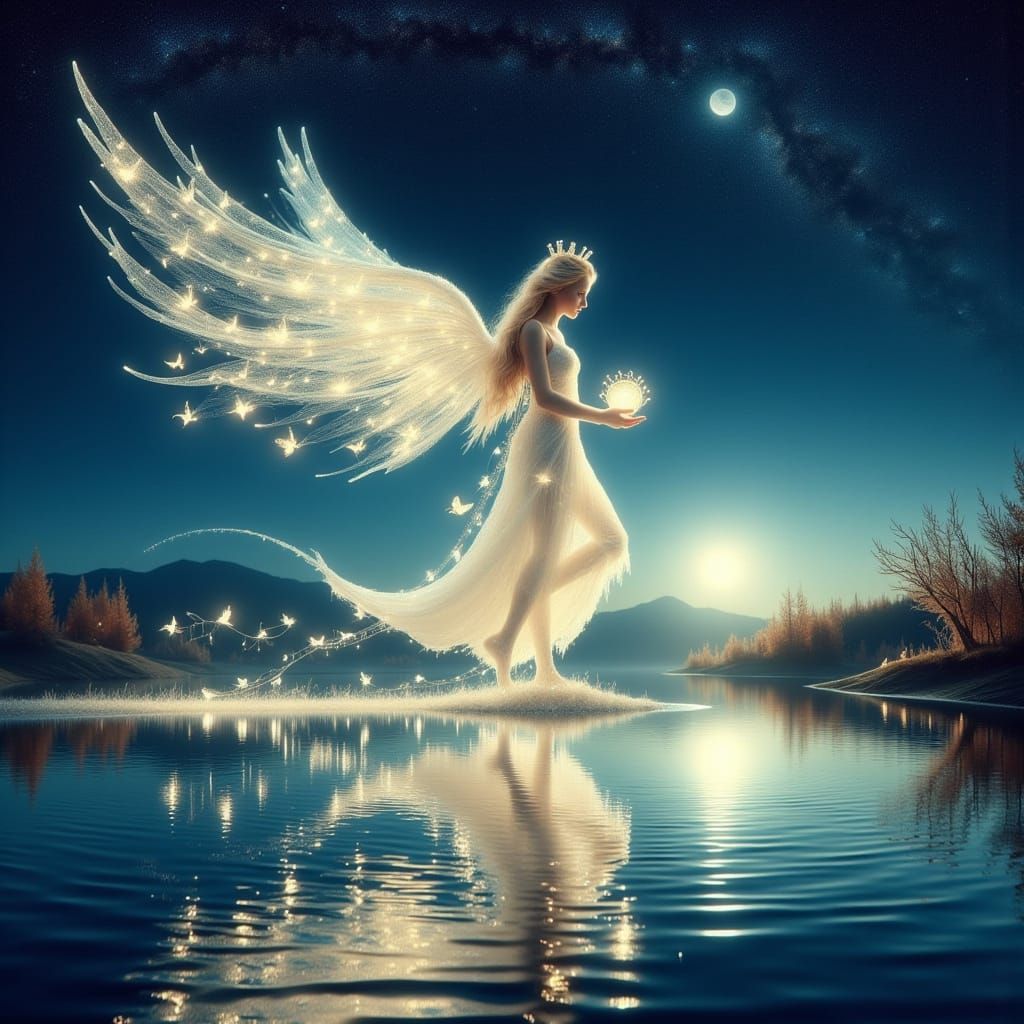 French Angel Under Starry Night Sky with Shimmering Reflecti...