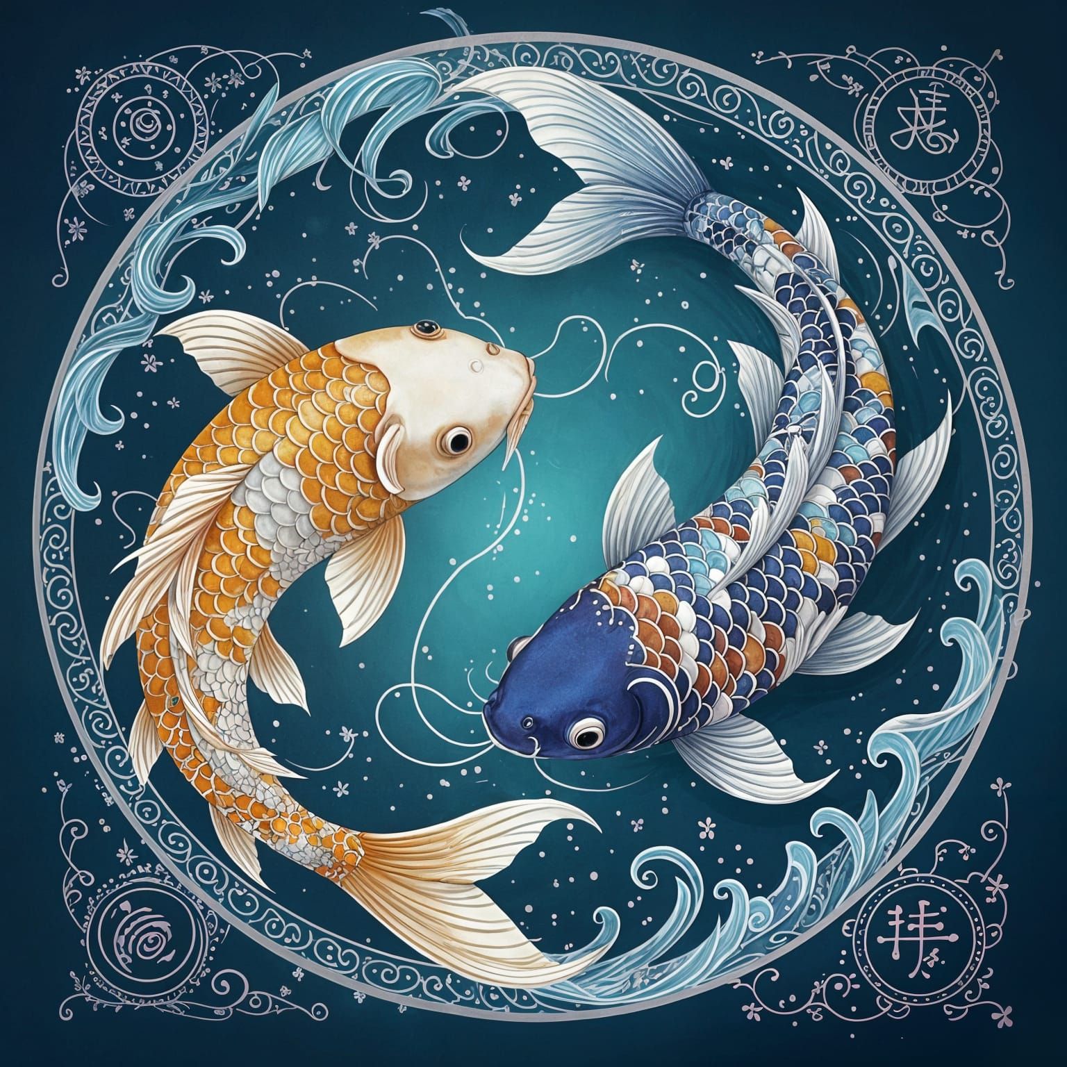Two Zodiac Koi Fish in a Shimmering Circle
