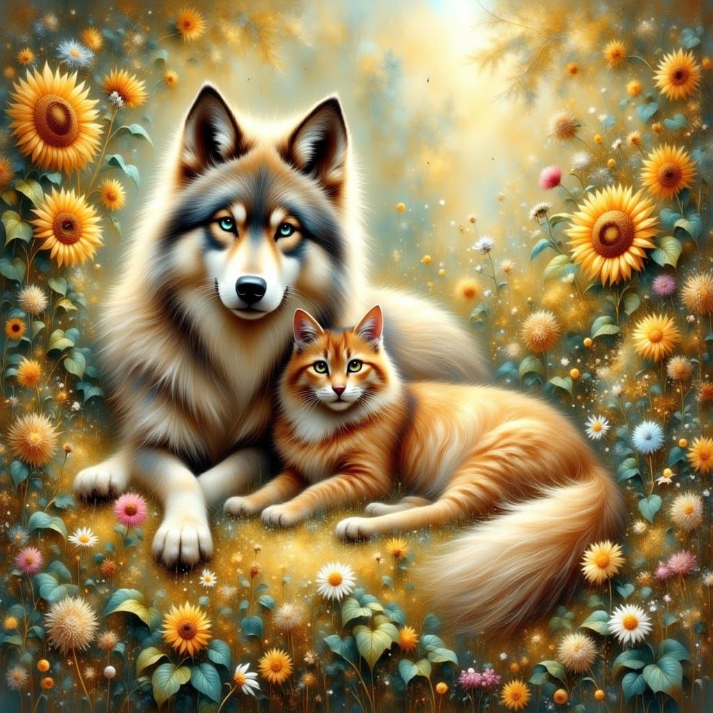 Whimsical Garden Scene with Wolf and Cat