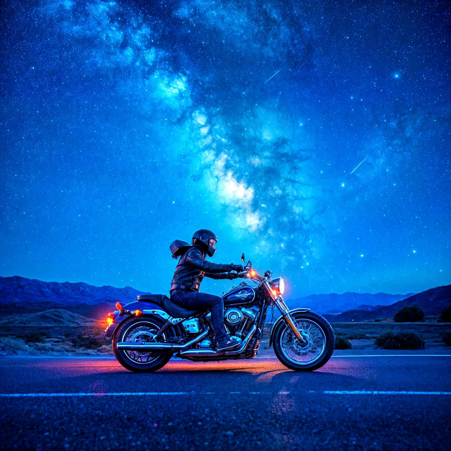 Biker on Desolate Highway Under Starry Sky