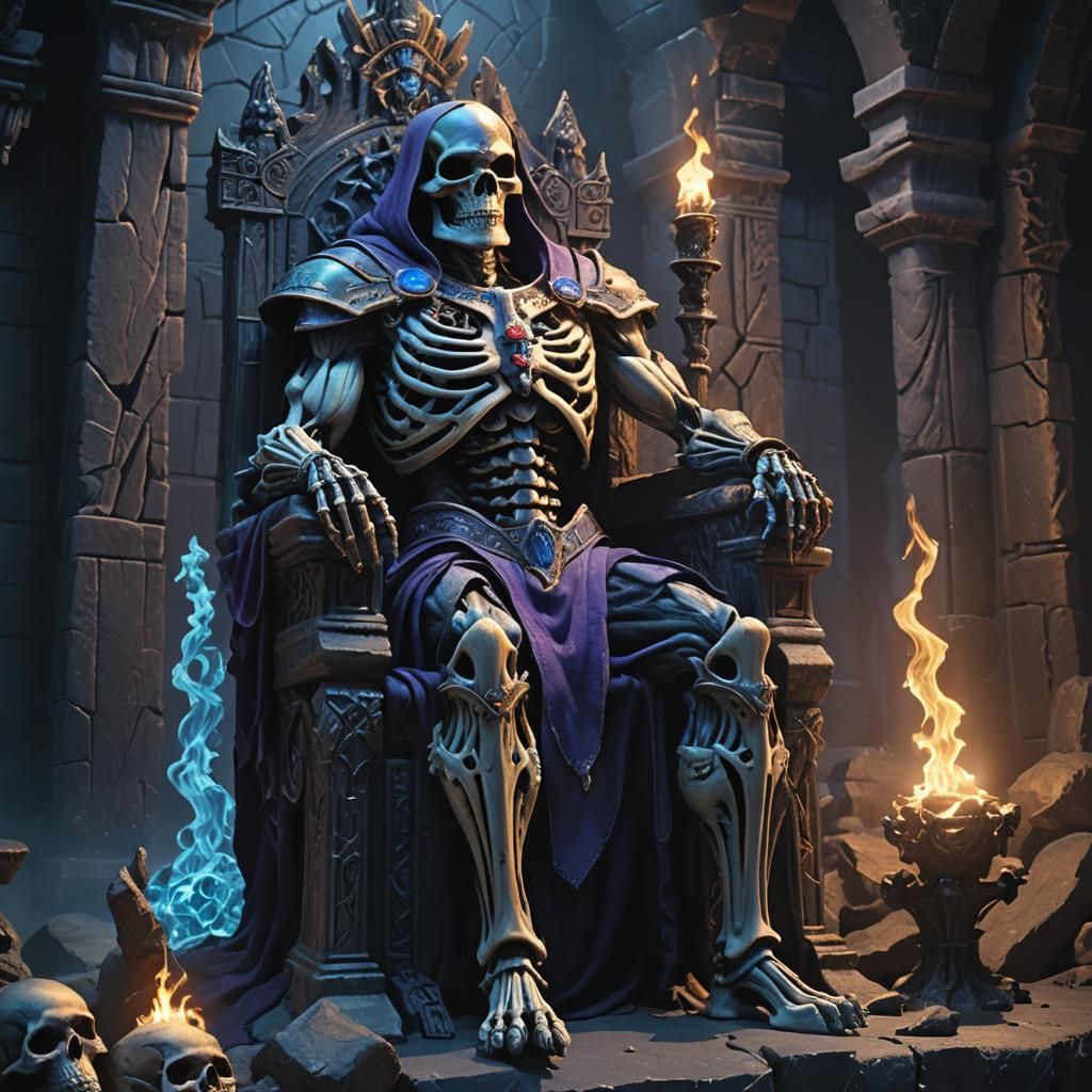 Skeletor on Throne in Dark Fantasy Lair