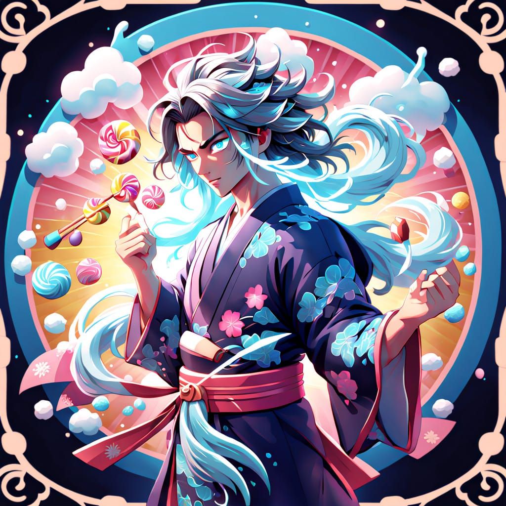 Handsome Hero in Elegant Kimono with Ice-Blue Anime Eyes