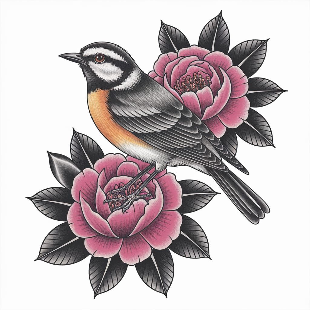 a pencil drawing of bird sitting on top flowers, tattoo desi...