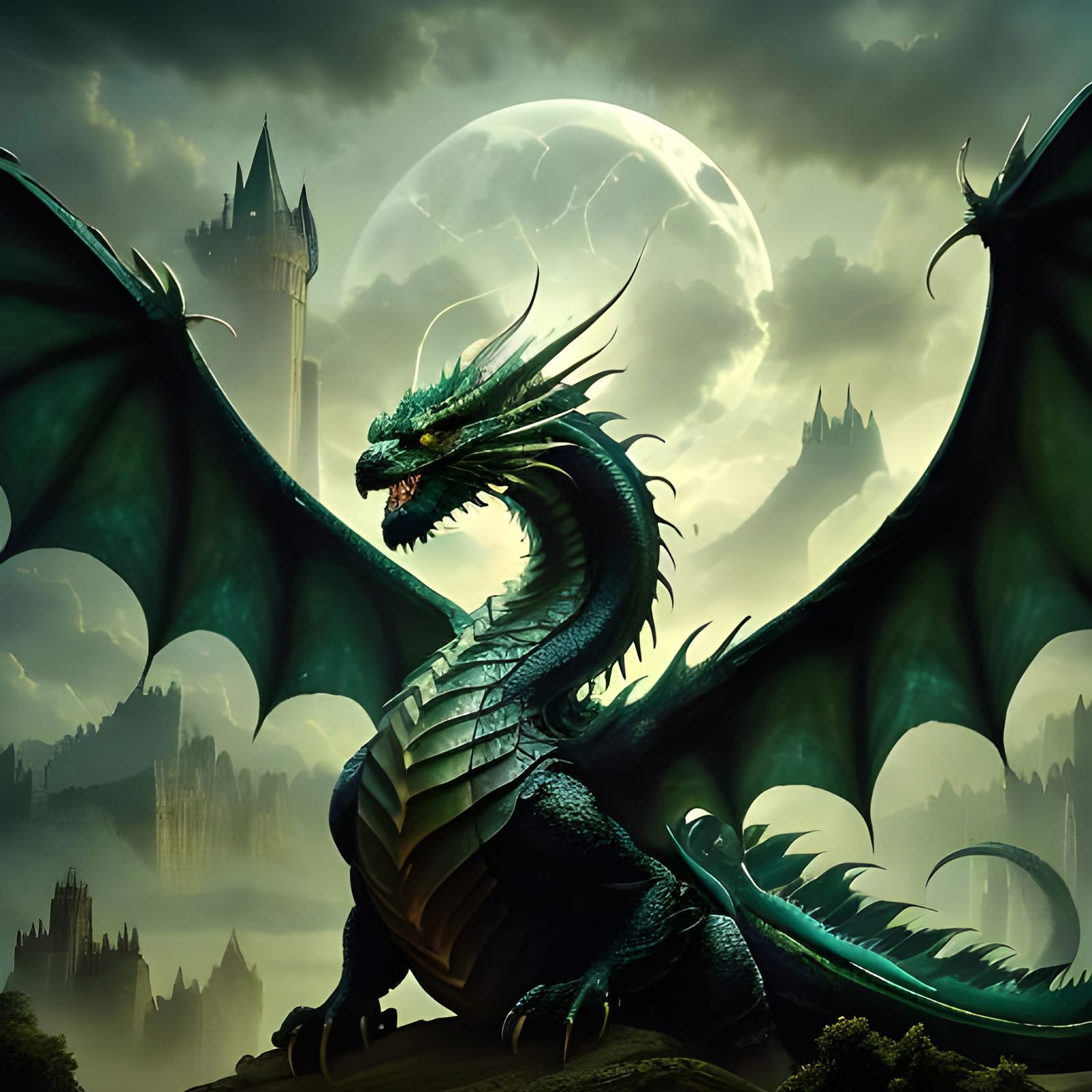 Medieval Green Dragon Roars Before Ancient Castle