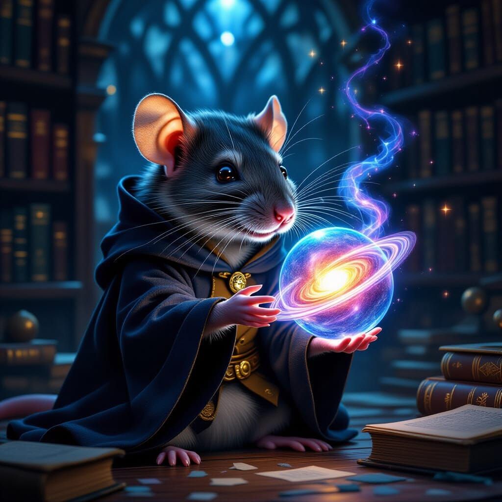 Wizard Rat Holds Glowing Universe in Enchanted Library