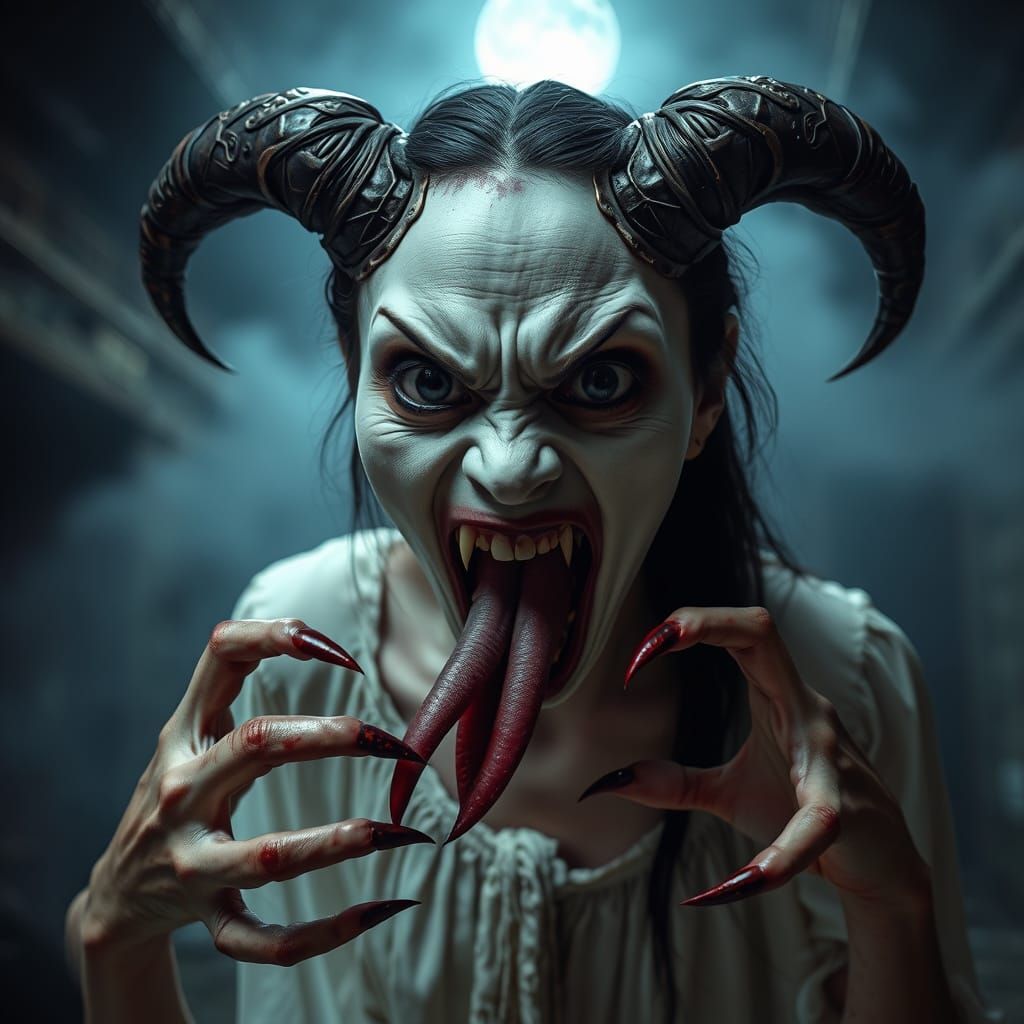 Fierce Asian Demon Ghost in Moonlit Night