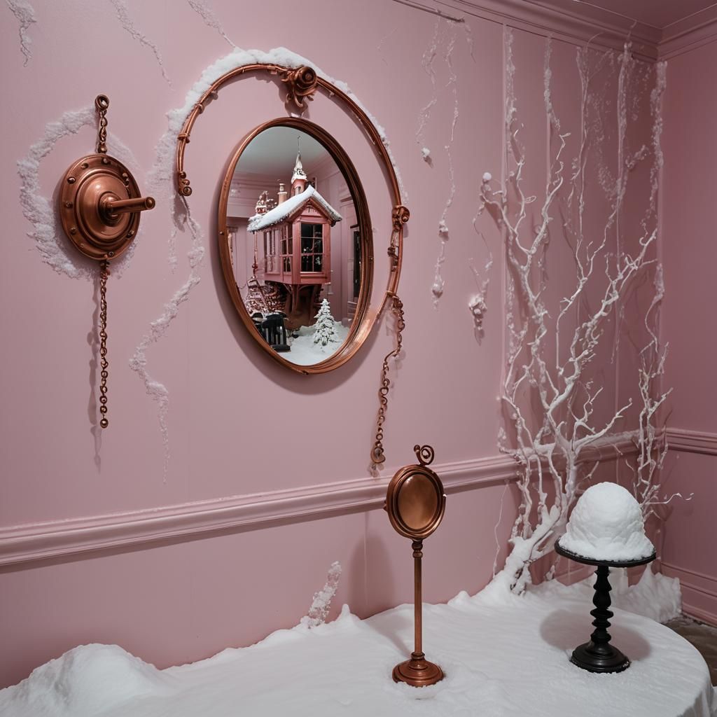 Surreal Snowy Dining Room with Train Art Installation