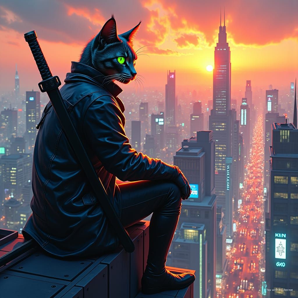Cyberpunk Cat Samurai on Tokyo Skyscraper at Sunset
