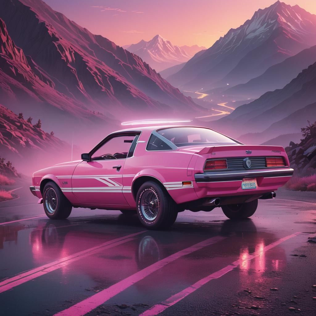 Pink 1977 Chevrolet Mustang in Retro-Futuristic Style