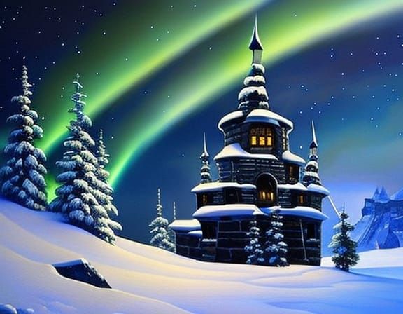 Scandinavian Castle Under Aurora: Steampunk Oil Painting