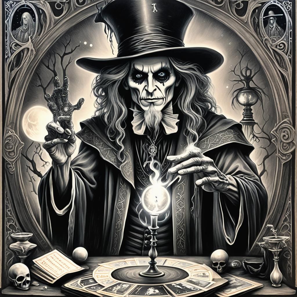 Creepy Magician Tarot Card in Charcoal