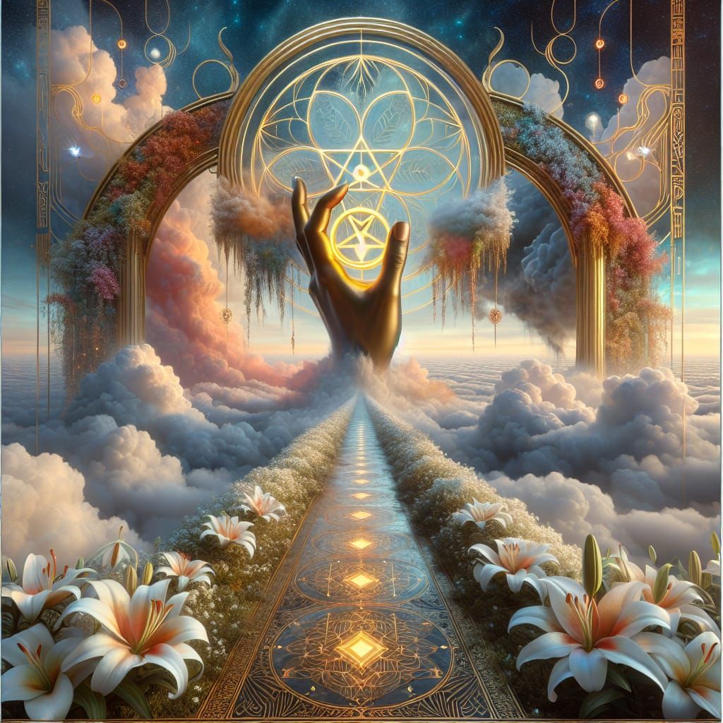 Surreal Hand Holding Pentacle Over Floral Path
