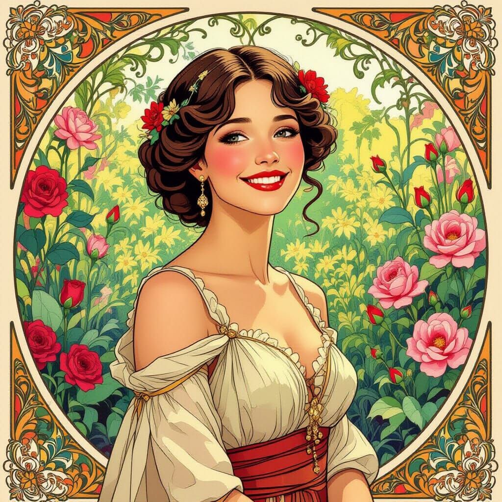 Elegant Woman in Garden, Art Nouveau Style