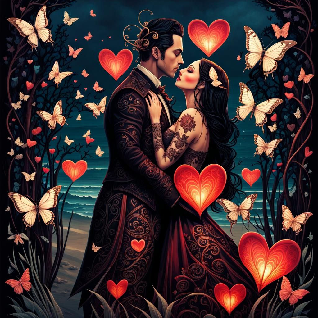 Gothic Couple  love and happy, two parts in one art, double exposure, best quality, dark tales, close up well-dressed ha...