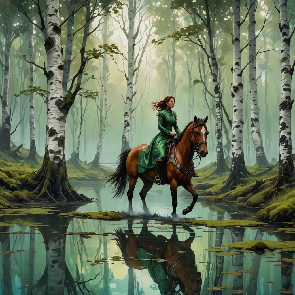 Equestrian in Birch Forest, Retro-Futurist Impression