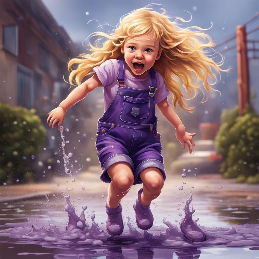 Girl in Overalls Jumps in Puddle: Hyperrealistic Splash Art