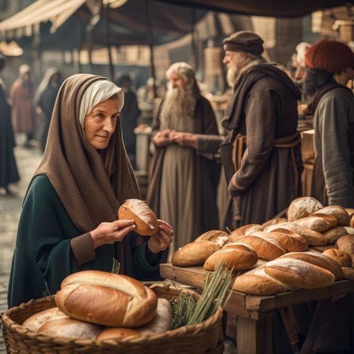 Medieval Market Scene with Woman Buying Bread