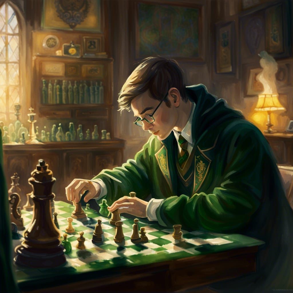 Slytherin Student's Wizarding Chess Game, Watercolor Style