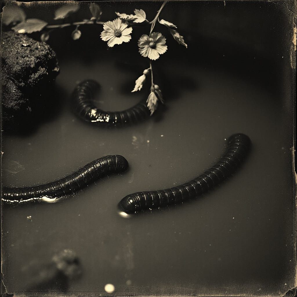 Vintage Gritty Photogravure of Centipede Drowning in Mud