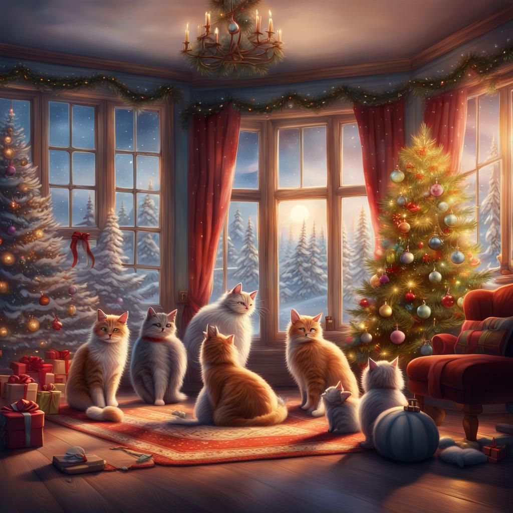 Festive Cats Play in Christmas Room, Digital Art