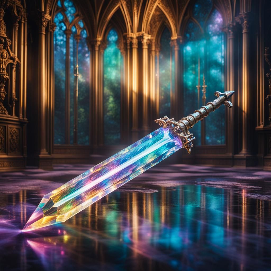 Glowing Crystal Excalibur Sword in Gothic Room