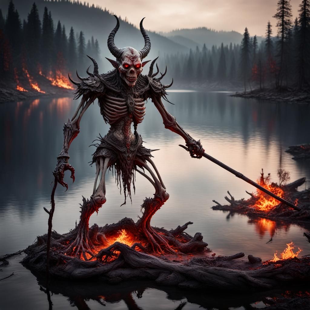 Hyperrealistic Bone Demon with Steel Staff on Fire Lake