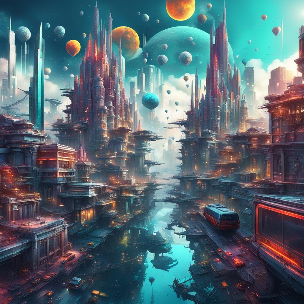 Surreal Futuristic Cityscape in Mixed Media Style